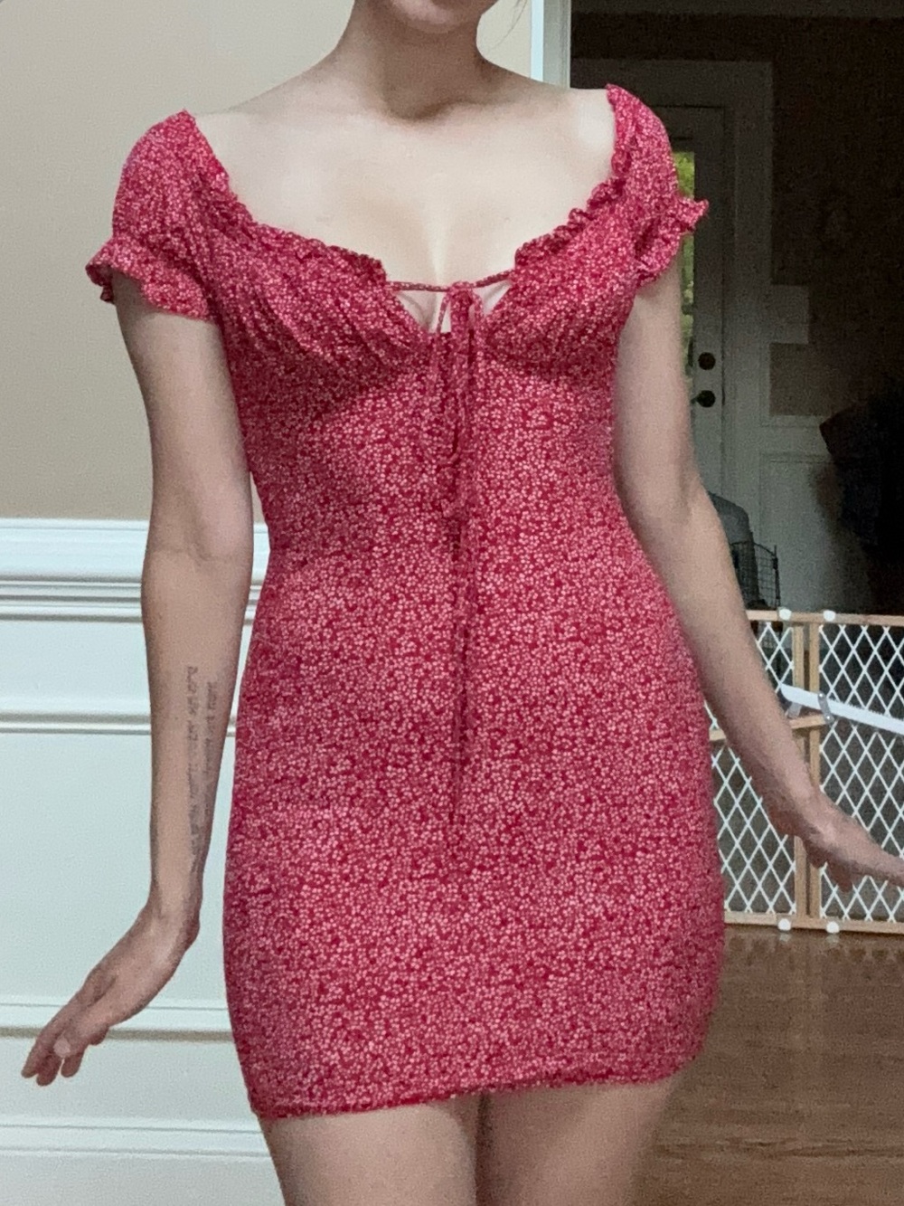 Red Floral Tie-Front Mini Dress